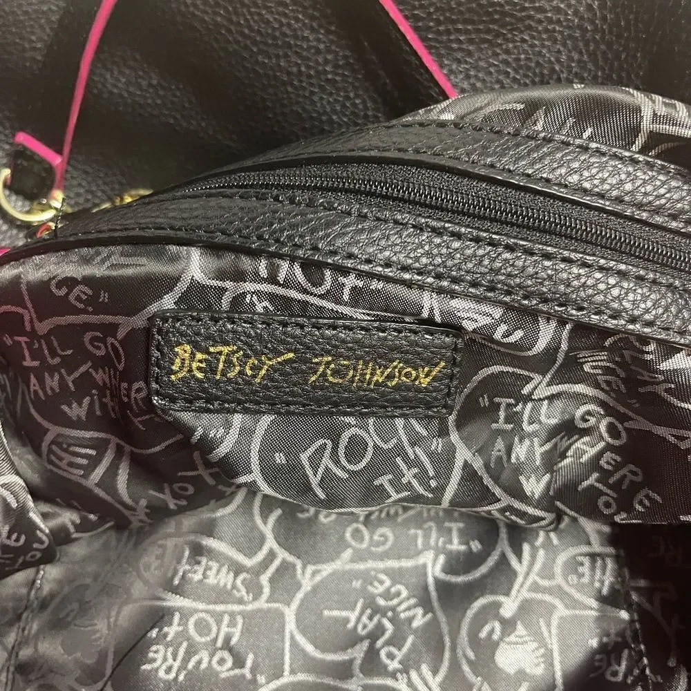 Betsey Johnson jewels large black synthetic leather tote gold tone chain straps